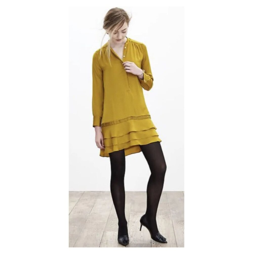 Banana Republic Long Sleeve Tiered Dress Mini Gold Sz 4 Drop Waist NWT $128 6930